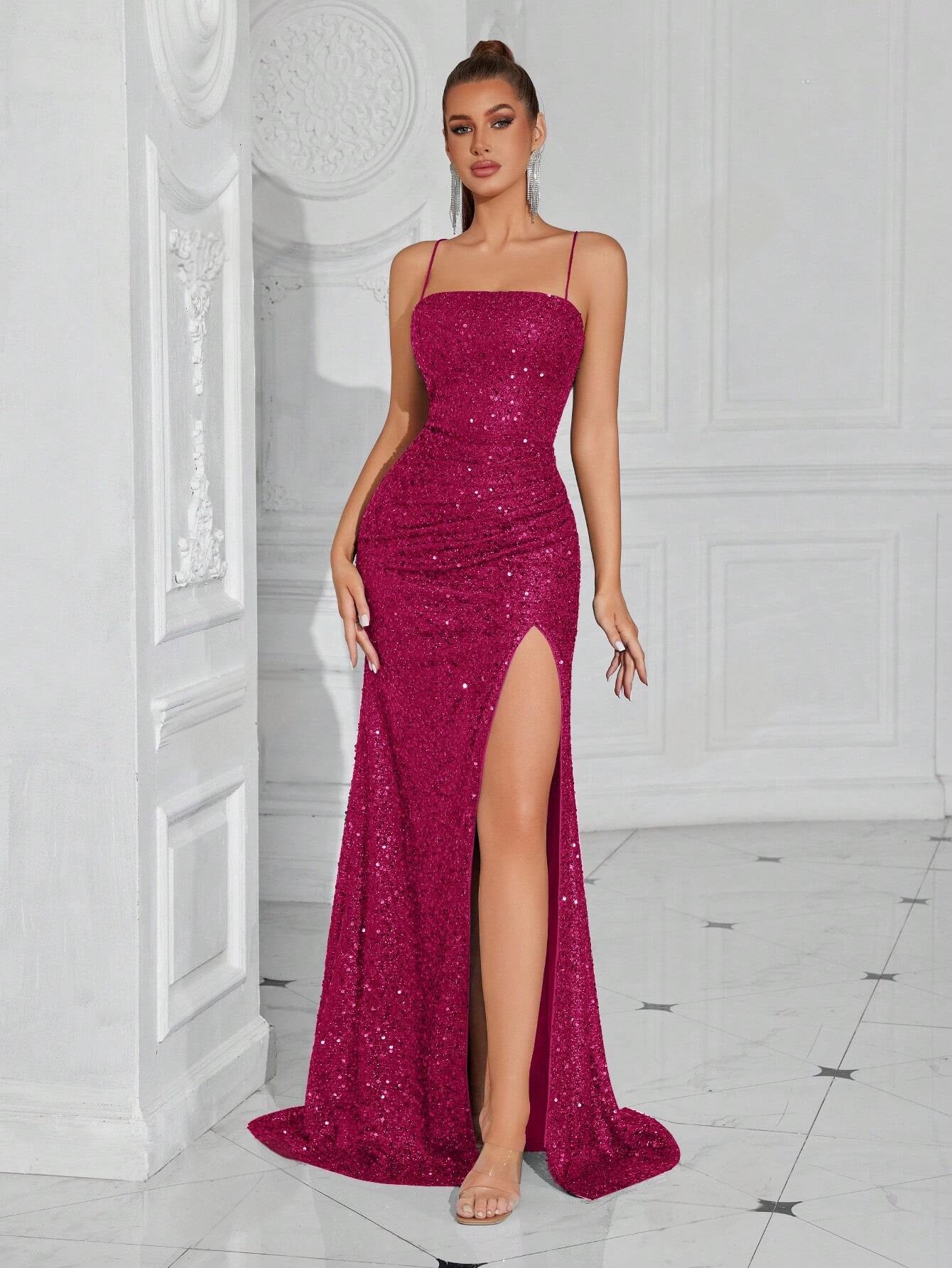 Lace-Up Back High Slit Cami Maxi Dress