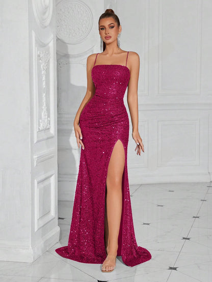 Lace-Up Back High Slit Cami Maxi Dress