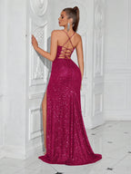 Lace-Up Back High Slit Cami Maxi Dress