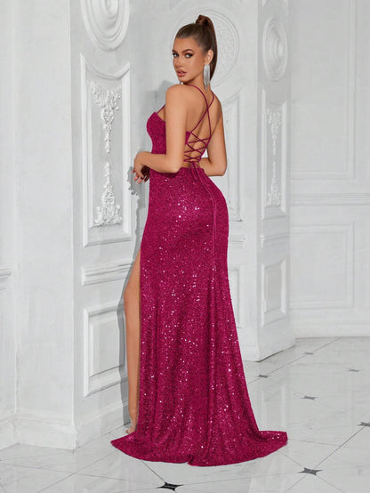 Lace-Up Back High Slit Cami Maxi Dress