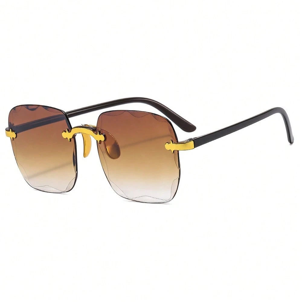 Sunglasses with gradient lenses and yellow accents on a white background