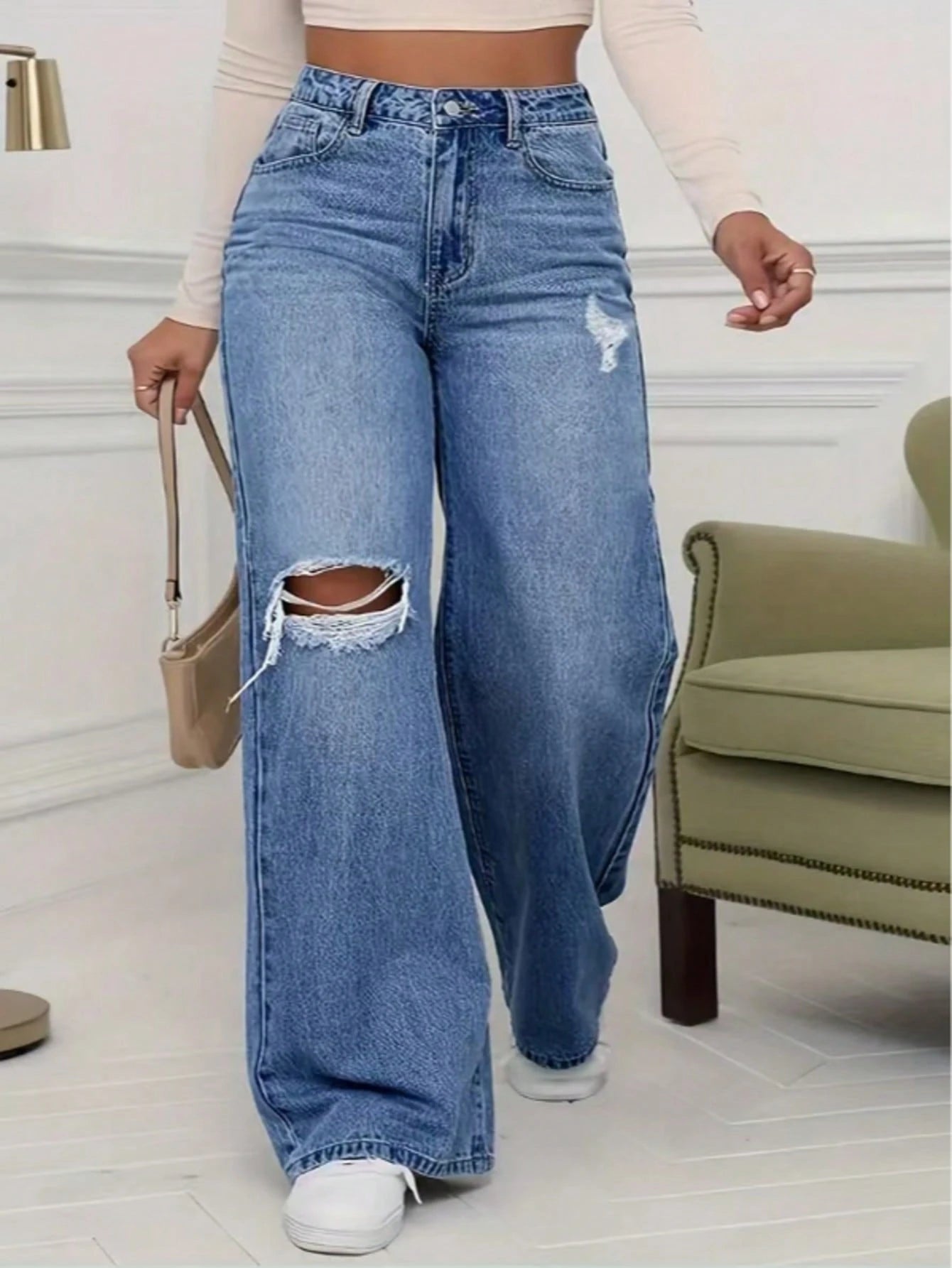 Casual Distressed Pocket Design Wide Leg Jeans