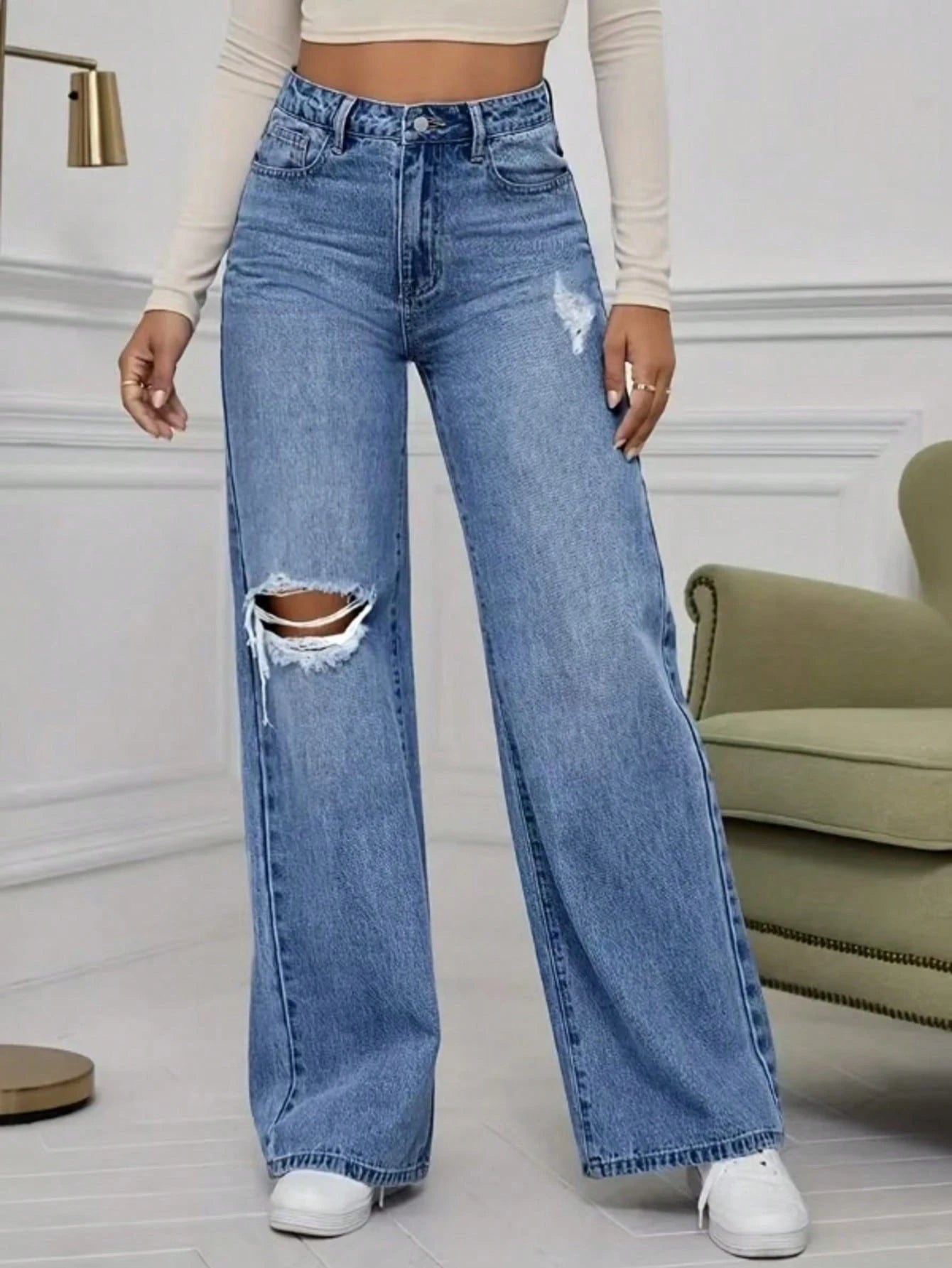 Casual Distressed Pocket Design Wide Leg Jeans