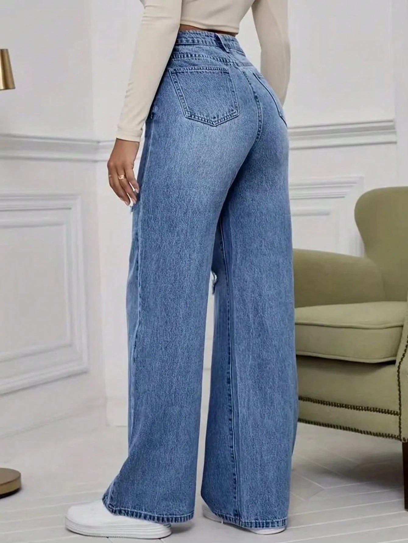 Casual Distressed Pocket Design Wide Leg Jeans