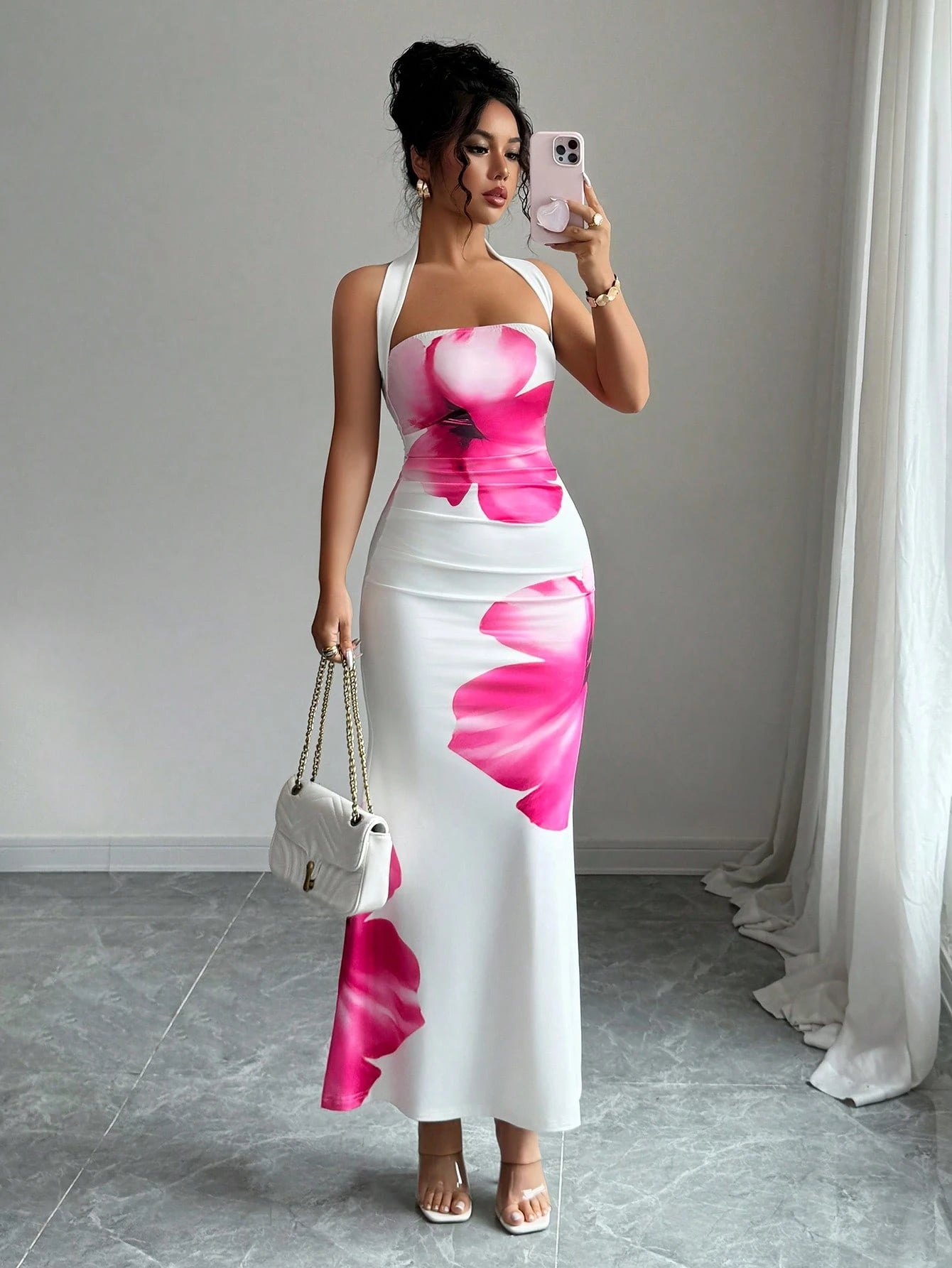 Halter Tie Waist Fitted Midi Floral Dress