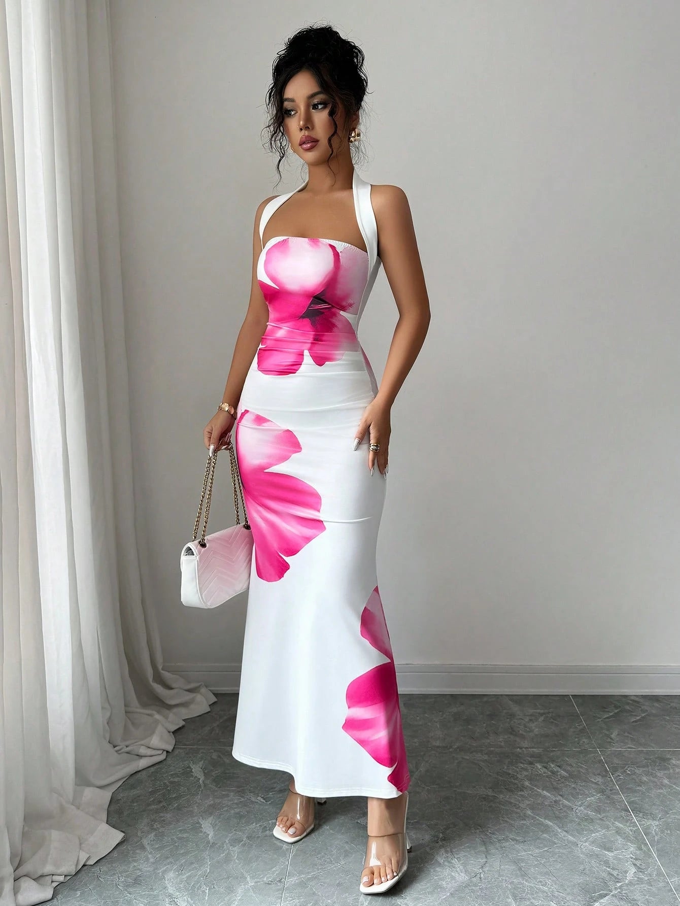 Halter Tie Waist Fitted Midi Floral Dress