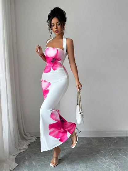 Halter Tie Waist Fitted Midi Floral Dress