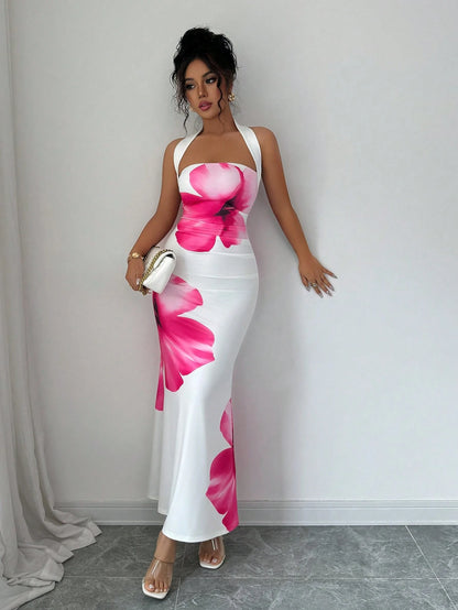 Halter Tie Waist Fitted Midi Floral Dress