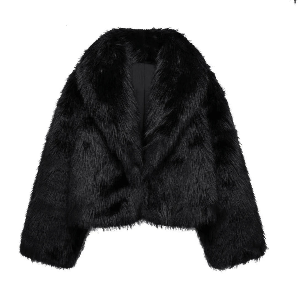 Black faux fur jacket on a white background