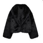 Black faux fur jacket on a white background