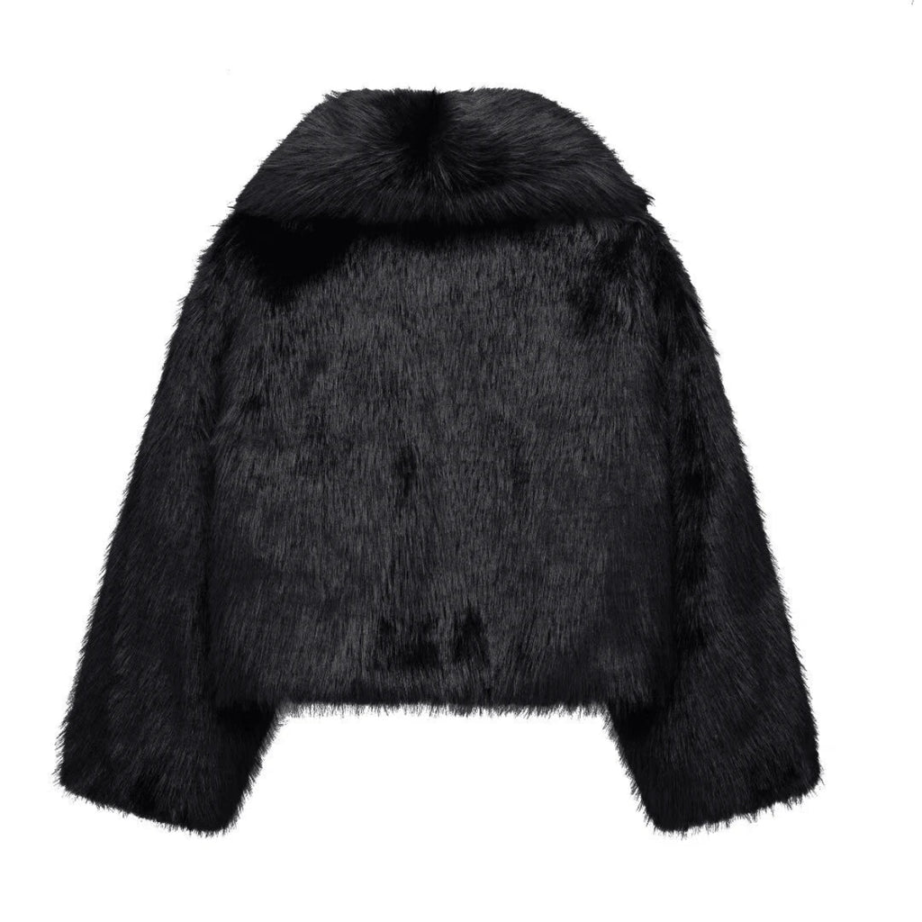 Black faux fur jacket on a white background