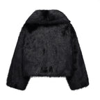 Black faux fur jacket on a white background
