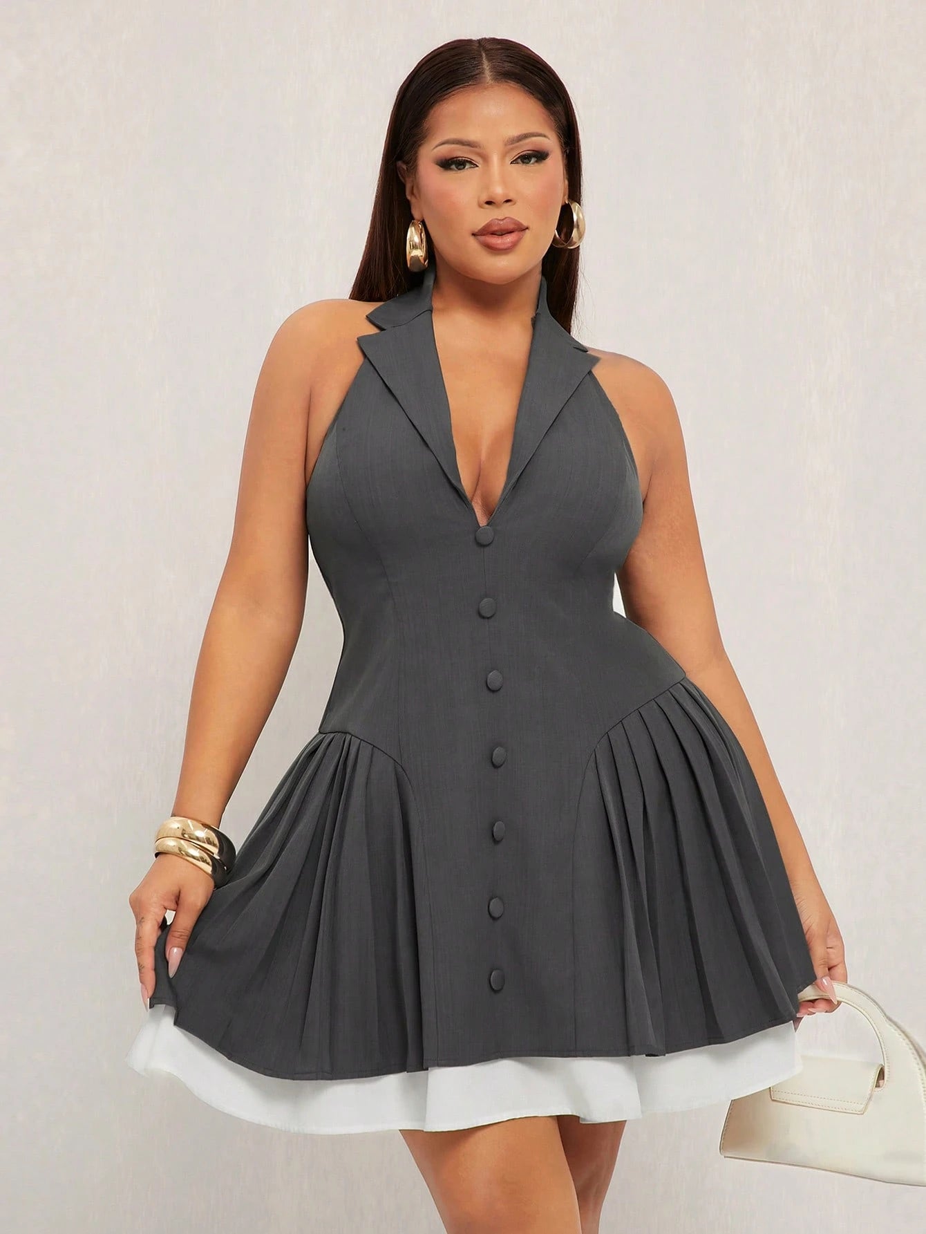 V-Neck Sleeveless Ruched Hemline Mini Dress