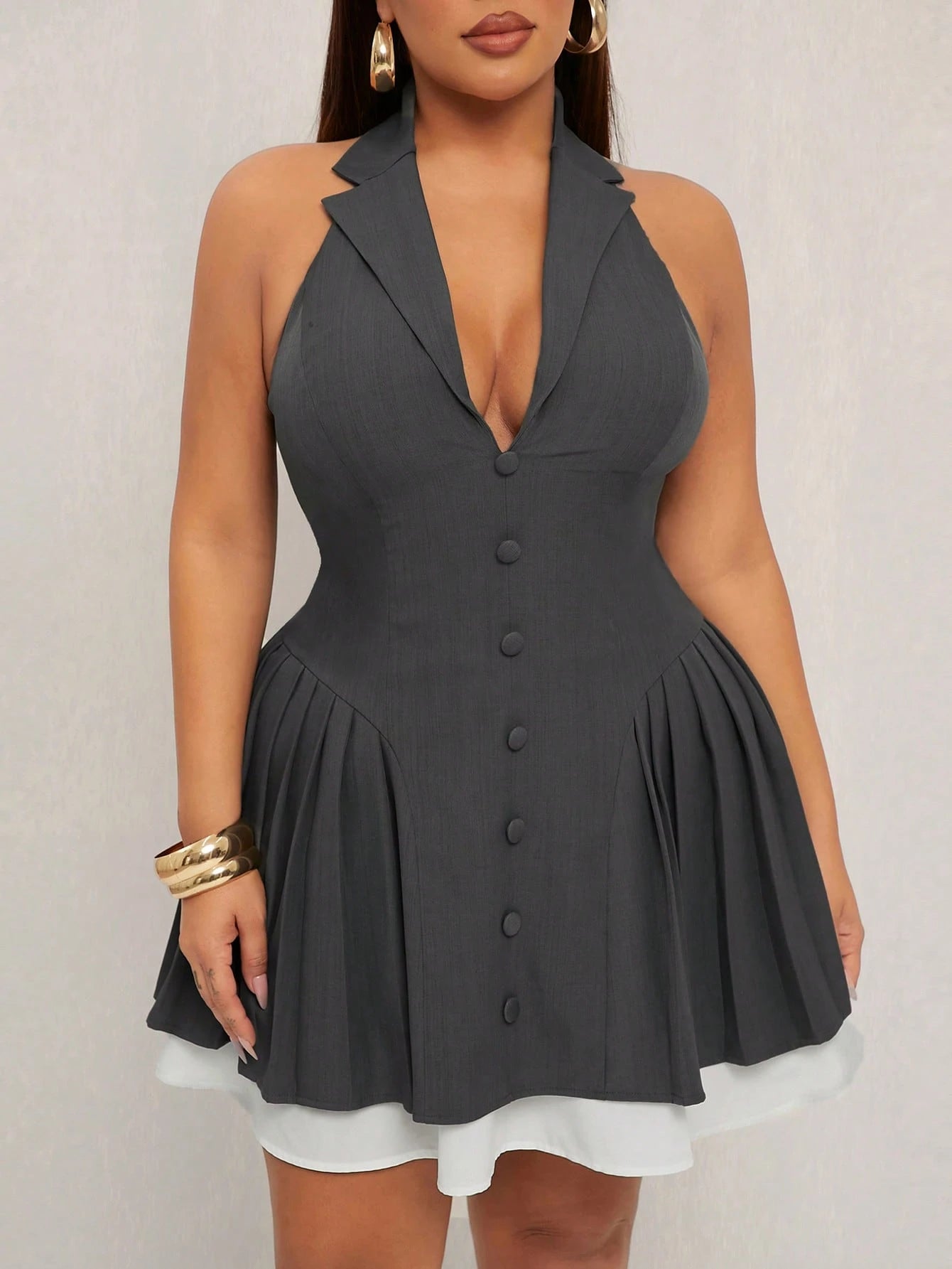 V-Neck Sleeveless Ruched Hemline Mini Dress