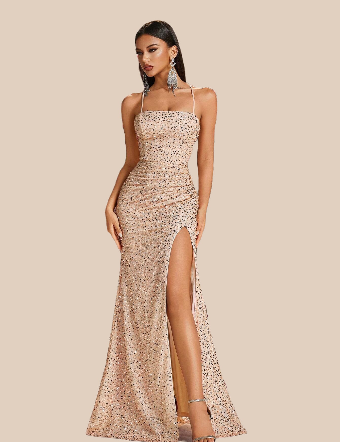 Lace-Up Back High Slit Cami Maxi Dress