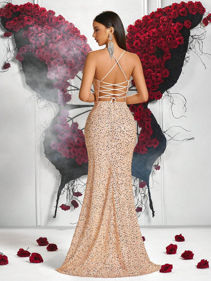 Lace-Up Back High Slit Cami Maxi Dress