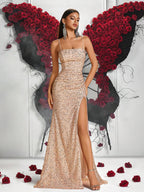 Lace-Up Back High Slit Cami Maxi Dress