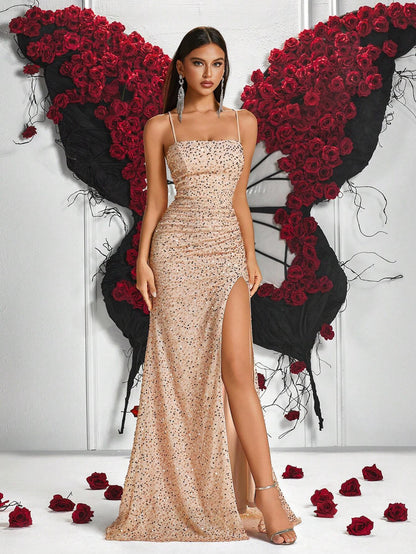 Lace-Up Back High Slit Cami Maxi Dress