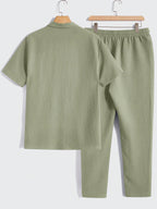 Solid Button Front Pocket Shirt And Pants Set