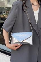 Person holding a silver and blue handbag with a blurred indoor background