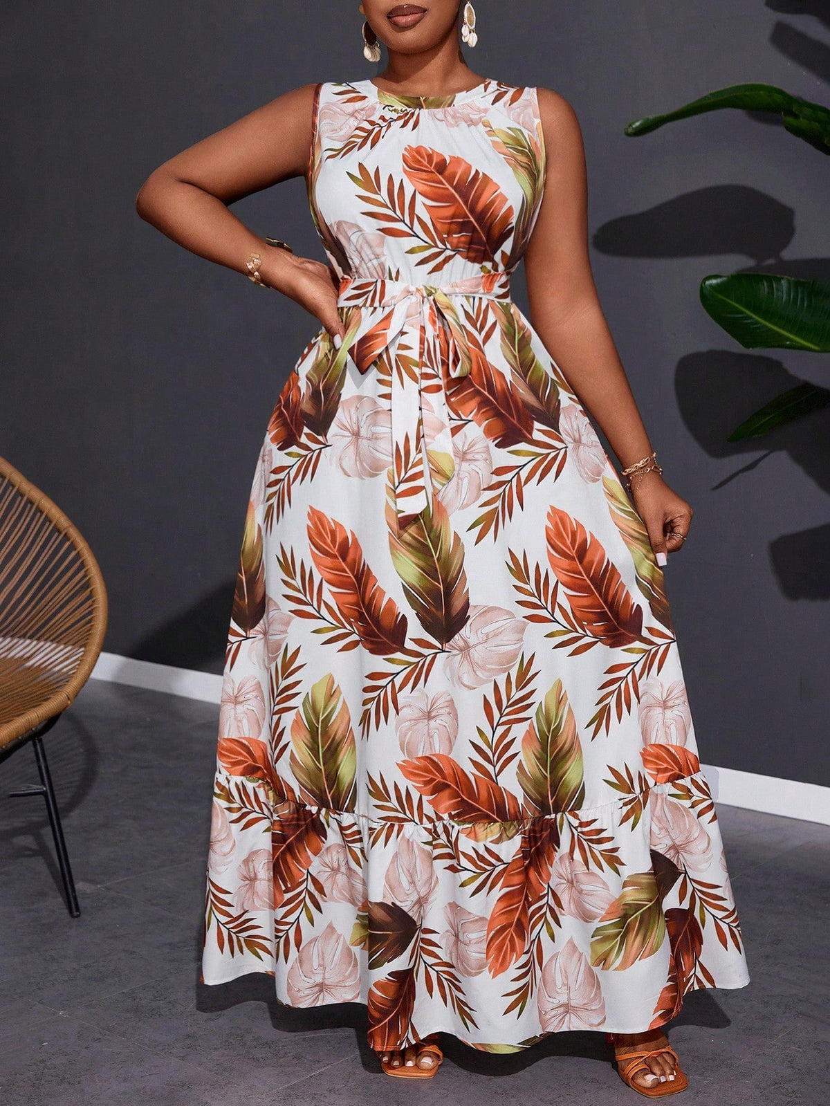 Crew Neck Twist Ruffle Hem Sleeveless Dress
