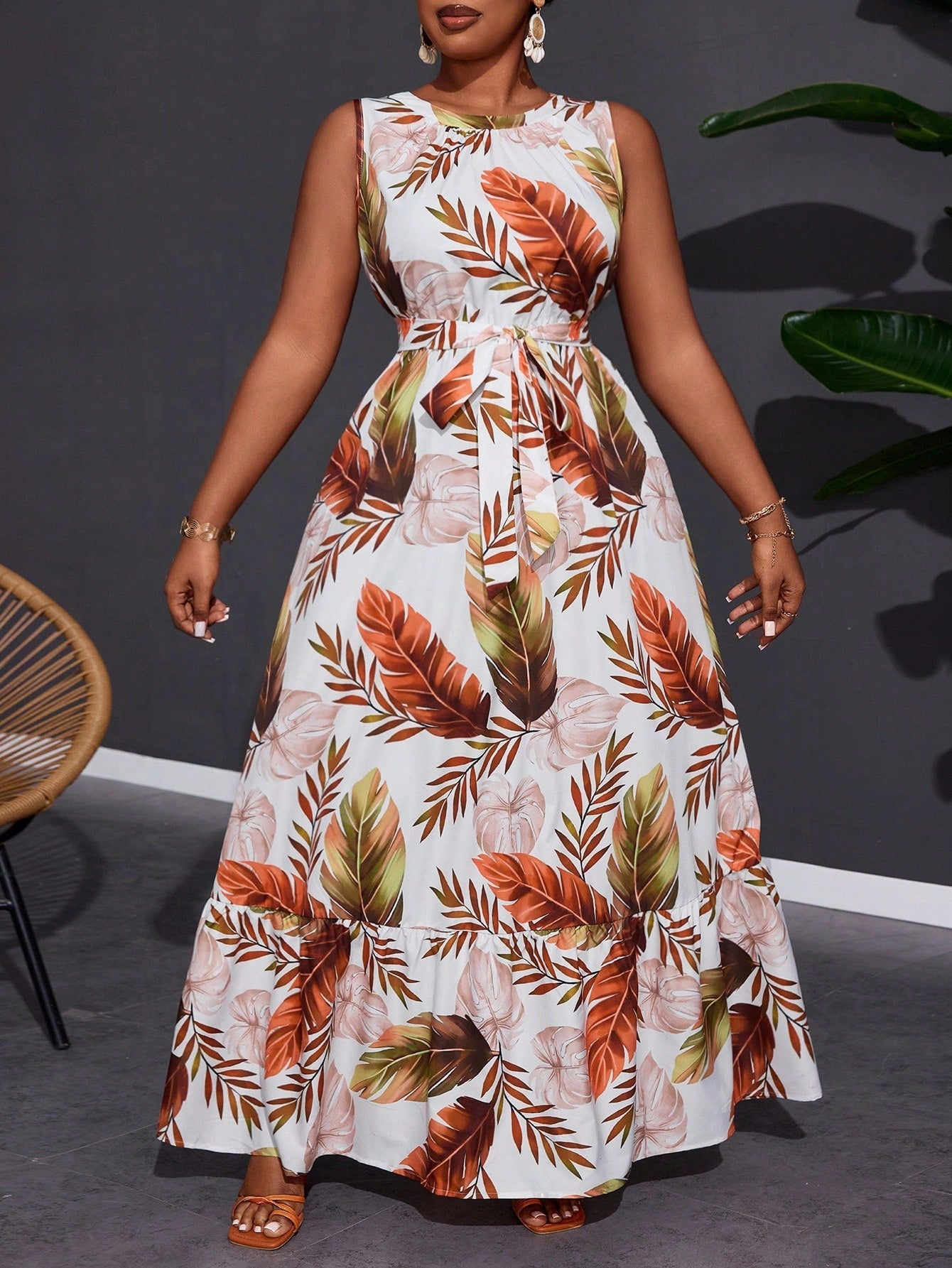 Crew Neck Twist Ruffle Hem Sleeveless Dress