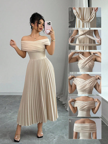 Off Shoulder Pleated Waist Elegant Dress