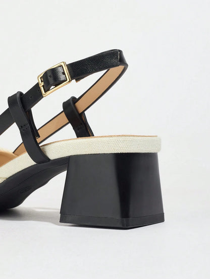 Pointed Closed Toe Two-Tone Thick Heel Pumps