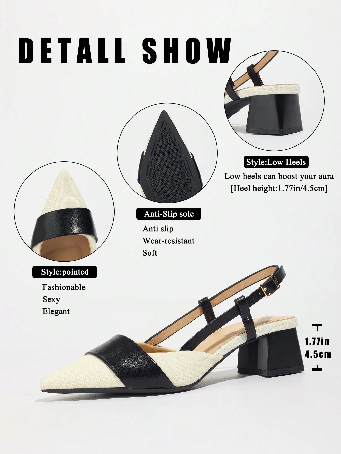 Pointed Closed Toe Two-Tone Thick Heel Pumps