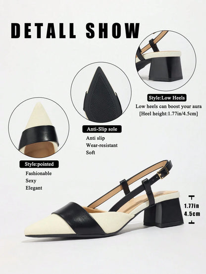 Pointed Closed Toe Two-Tone Thick Heel Pumps