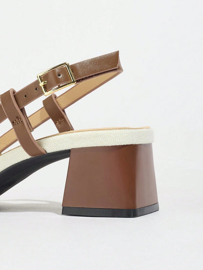 Pointed Closed Toe Two-Tone Thick Heel Pumps