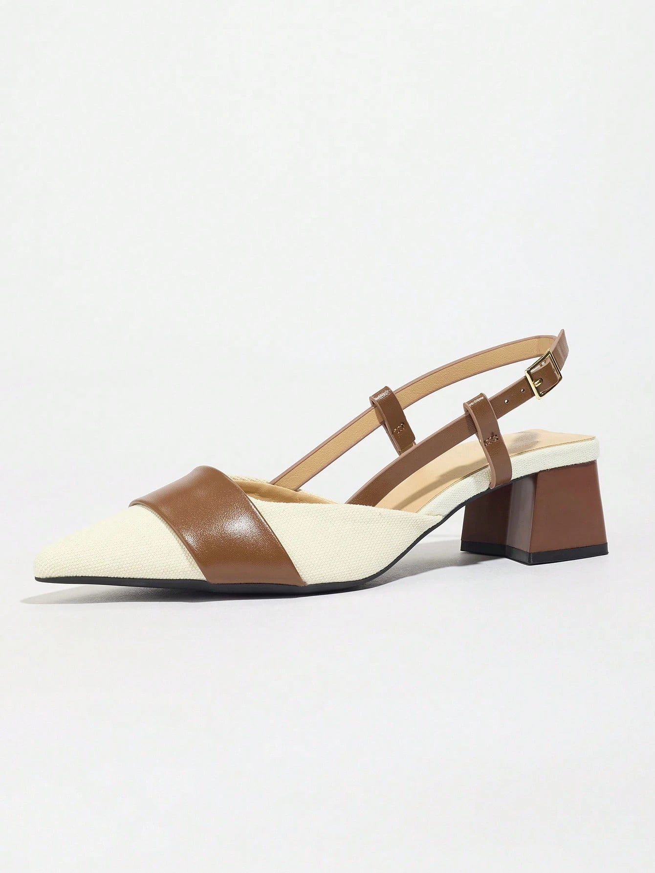 Pointed Closed Toe Two-Tone Thick Heel Pumps