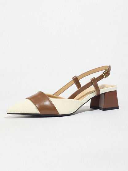 Pointed Closed Toe Two-Tone Thick Heel Pumps