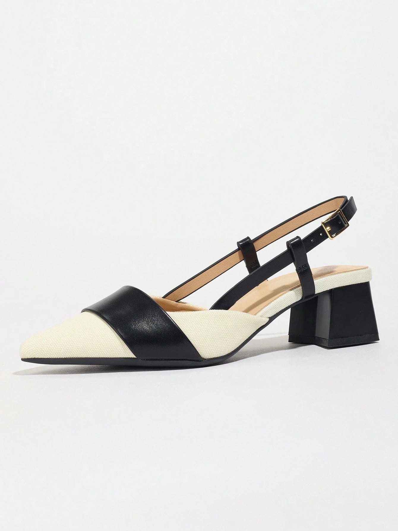Pointed Closed Toe Two-Tone Thick Heel Pumps