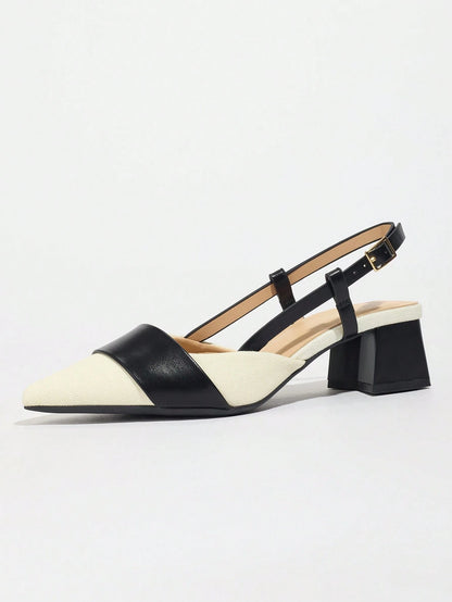Pointed Closed Toe Two-Tone Thick Heel Pumps