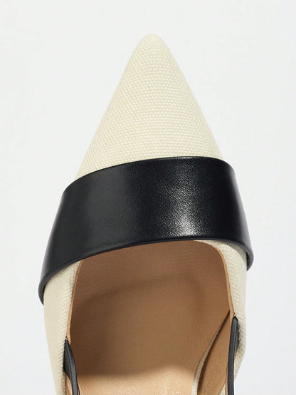Pointed Closed Toe Two-Tone Thick Heel Pumps