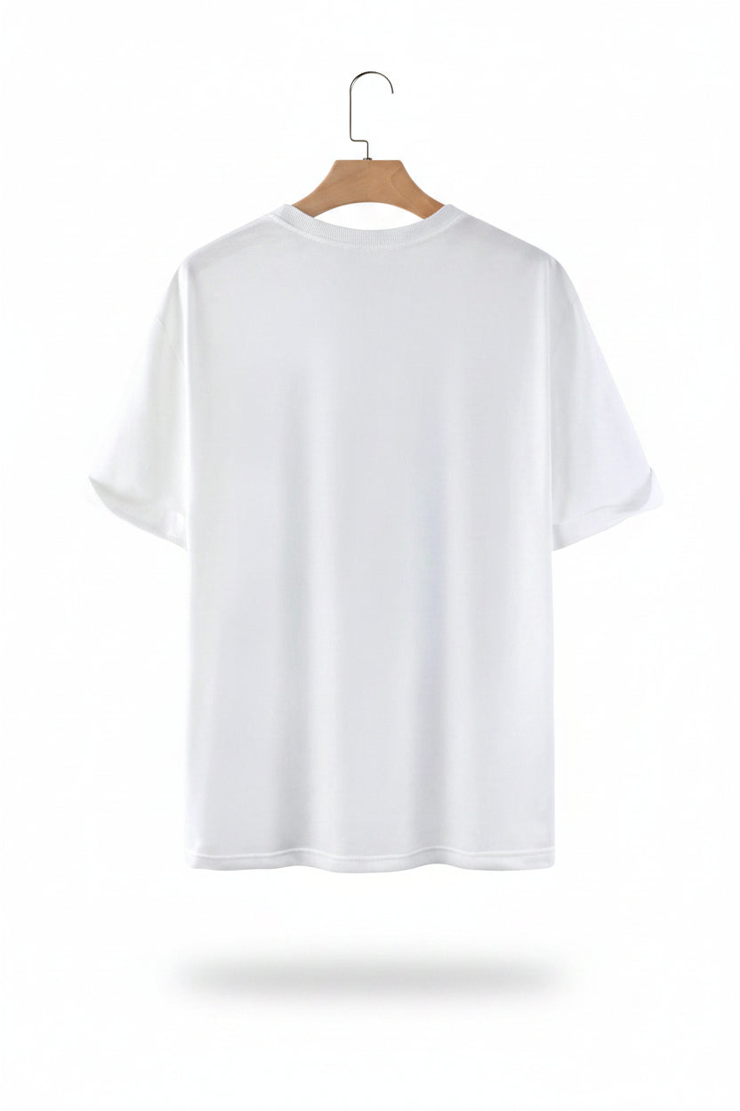 White t-shirt on a wooden hanger against a gray background