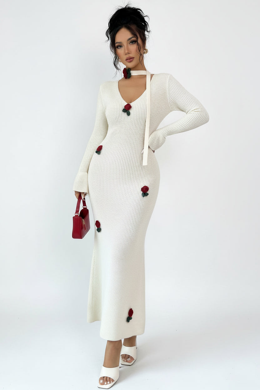 Elegant Rose V-Neck Dress