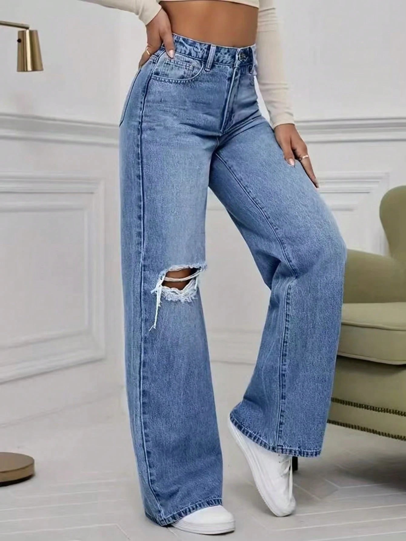 Casual Distressed Pocket Design Wide Leg Jeans