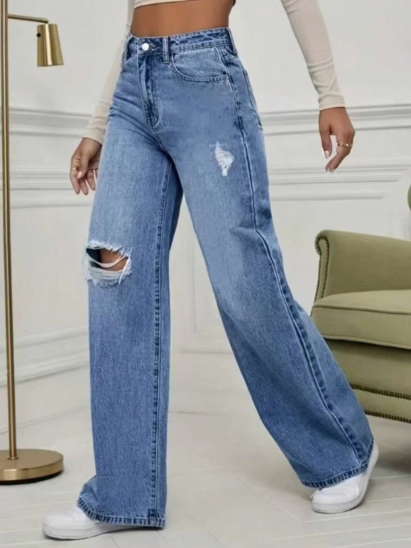 Casual Distressed Pocket Design Wide Leg Jeans