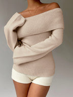 Beige off-shoulder sweater and shorts set on a neutral background