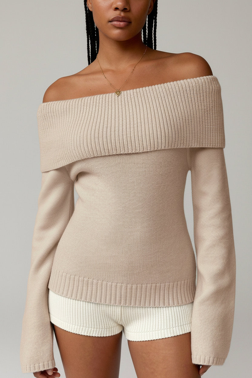 Beige off-shoulder sweater and shorts set on a neutral background