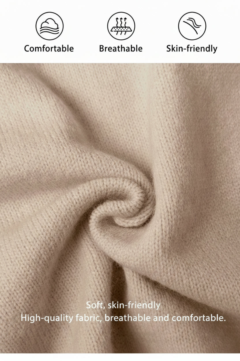 Close-up of beige fabric with icons and text indicating comfort, breathability, and skin-friendliness.