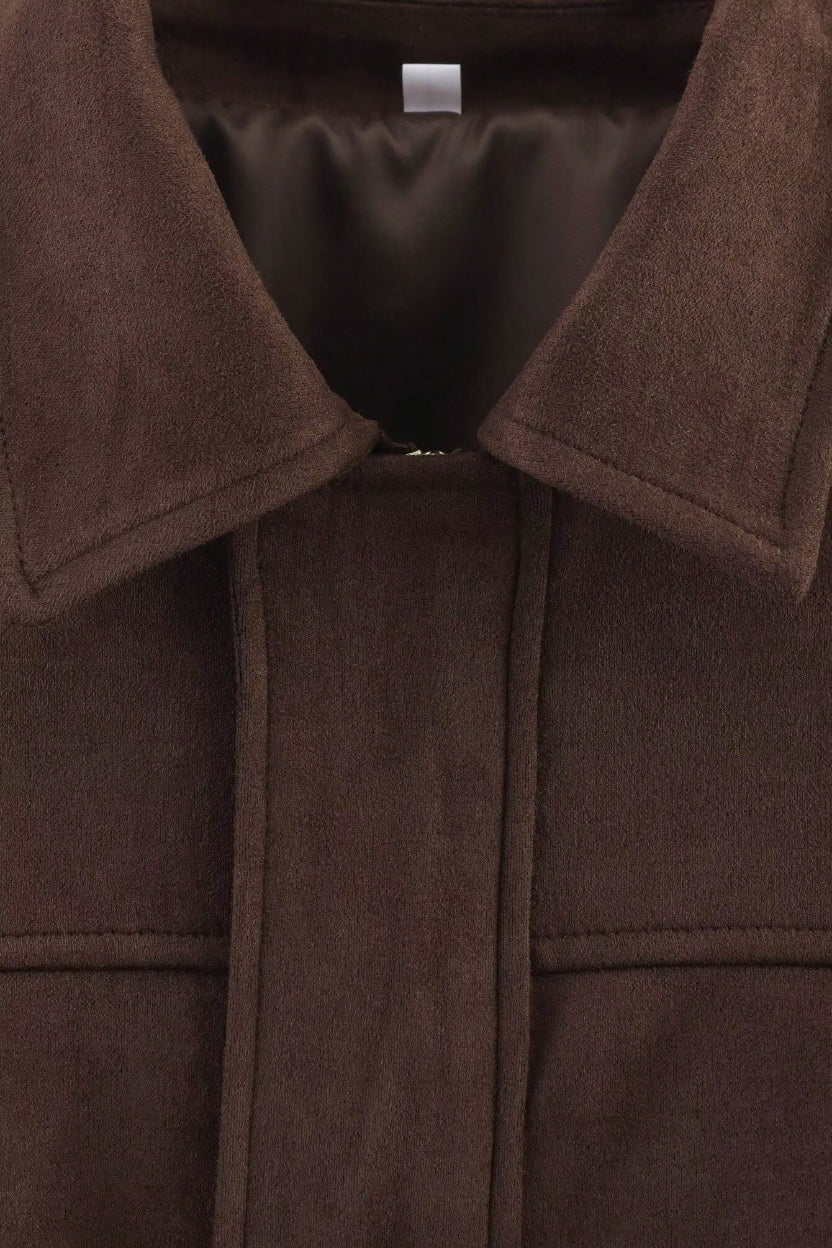 Close-up of a brown coat with a collar and button detail.