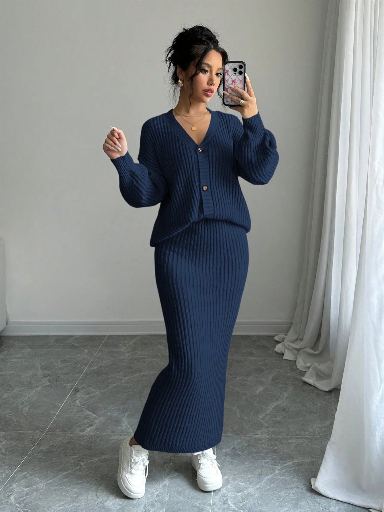 Plain Front Button Long Sleeve Casual Top And Skirt Set