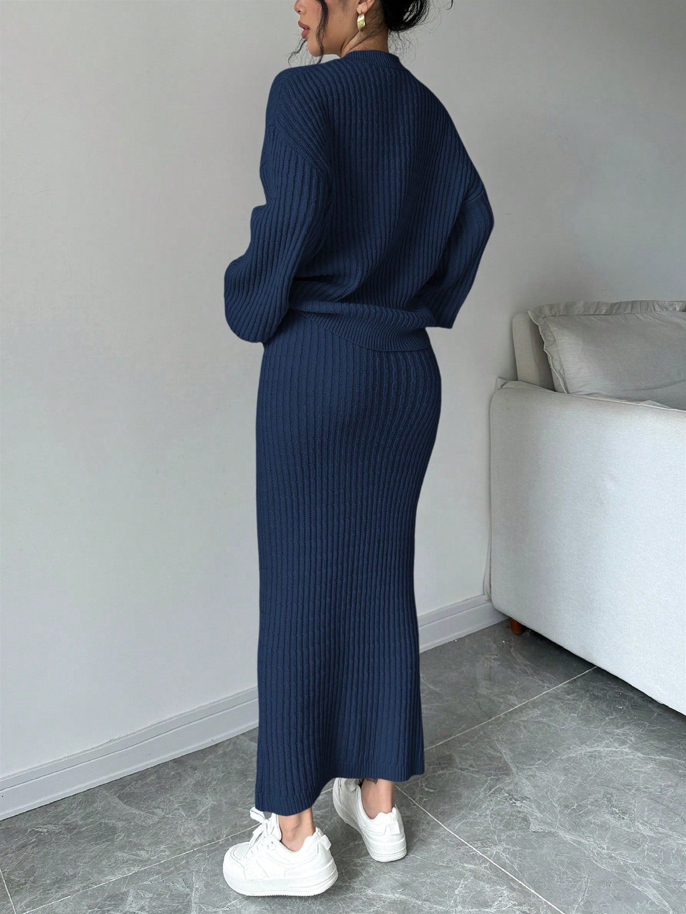 Plain Front Button Long Sleeve Casual Top And Skirt Set