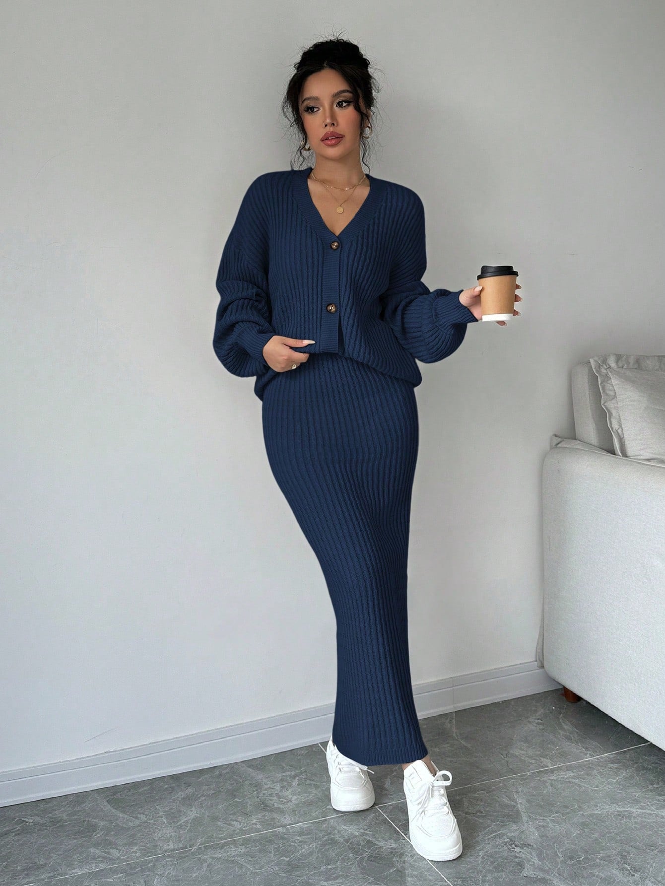 Plain Front Button Long Sleeve Casual Top And Skirt Set