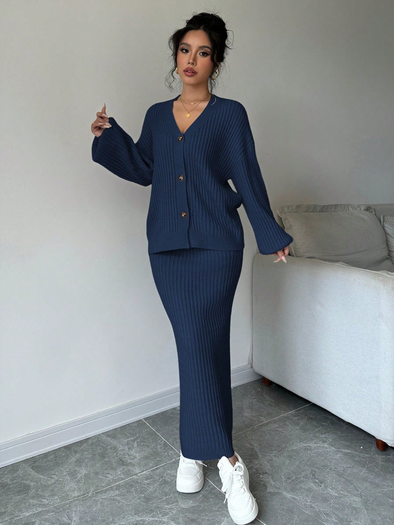 Plain Front Button Long Sleeve Casual Top And Skirt Set