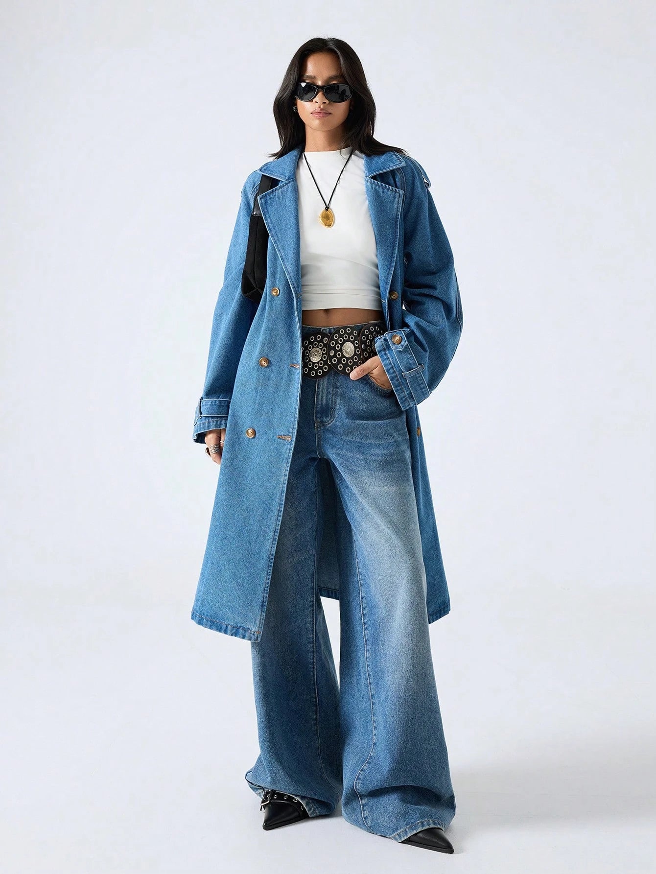 Minimalist Lapel Neck Double-Breasted Denim Coat