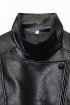 Close-up of a black leather jacket with a brand label visible.
